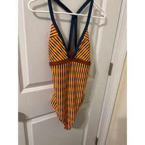 Prana one piece bathing suit guc orange blue brown sz medium
